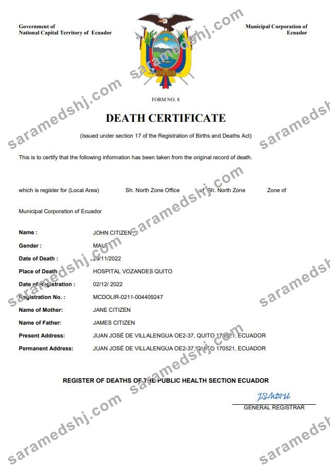 Ecuador vital record death certificate Word and PDF template